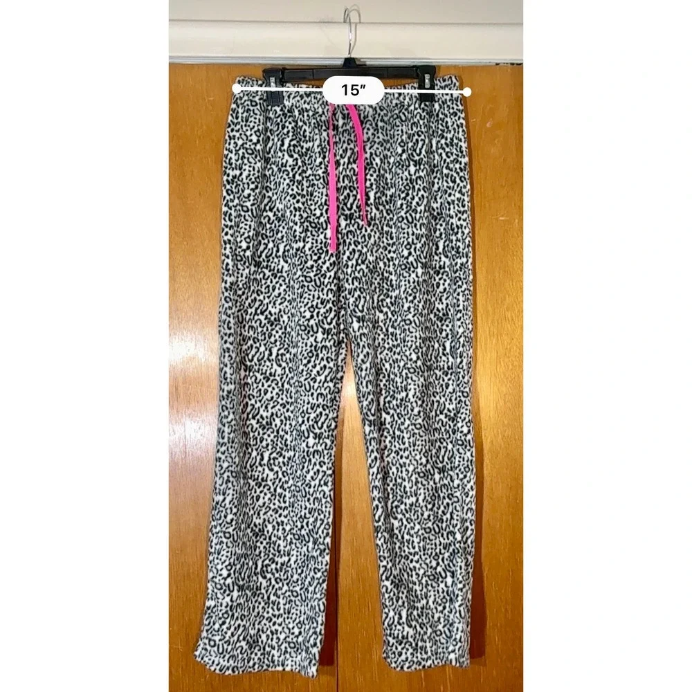 Anne Klein Womens Leopard Print Fleece Pajama‎ Set Button Up Pants Pink Trim Med